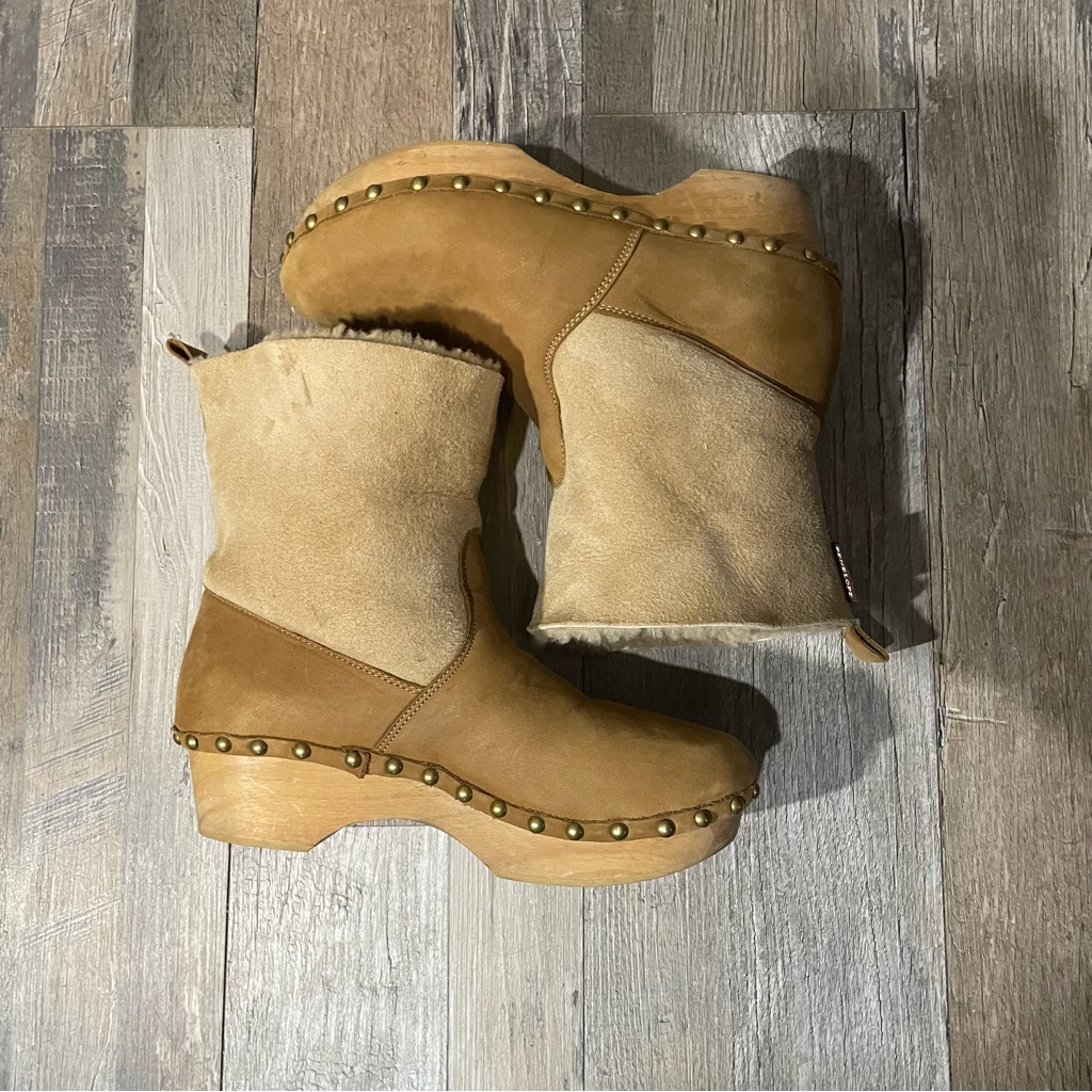 Anthropologie Penelope Chilvers Low Shearling Clog Boot Natural Tan Eu 36 Us 6